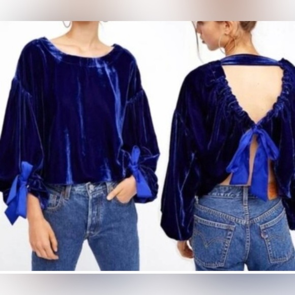 Free People Elegant Velvet Navy Blue Blouse with Bow Detail New Size small - Picture 9 of 9